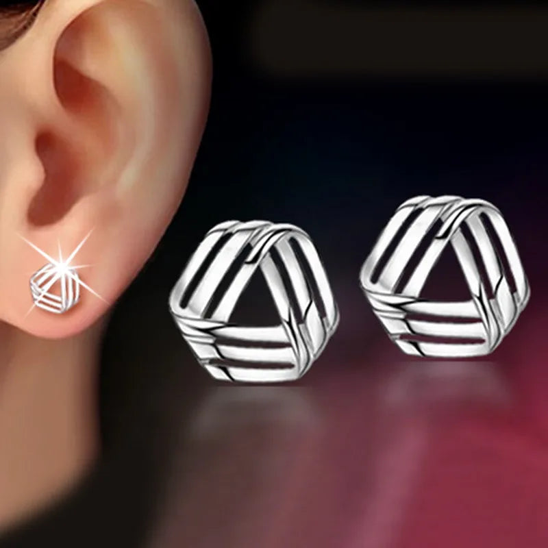 Silver Color Cross Triangle Stud Earrings for Women Hollow Geometric Statement Female Small Earrings Tiny Fashion Ear Jewelry