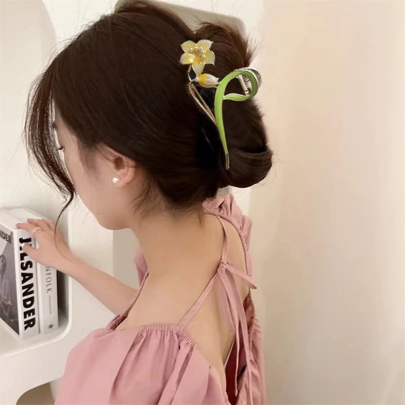 Green Enamel Plant Women's Barrettes Big Elegant Gold Color Wheat Luxury Flower Hair Pins for Girls Hair Accessories 2023