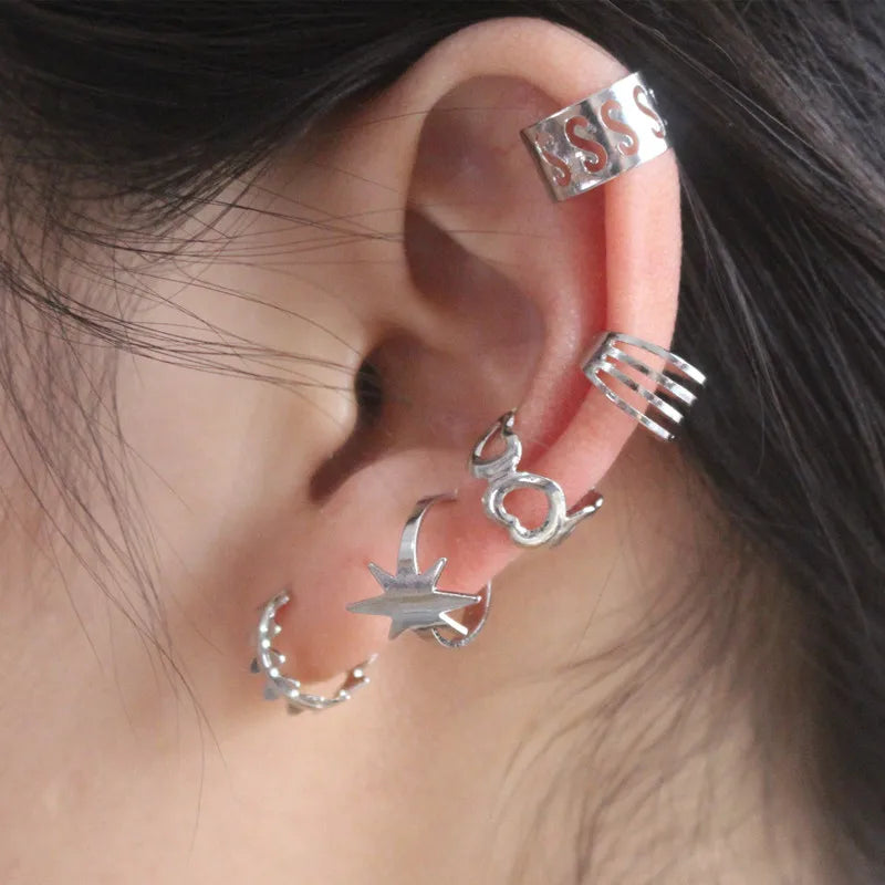 Women Ear Cuff Set Punk Style Personality Clip Earrings Gold Color Non-Piercing Ear Clips Fake Cartilage Earrings
