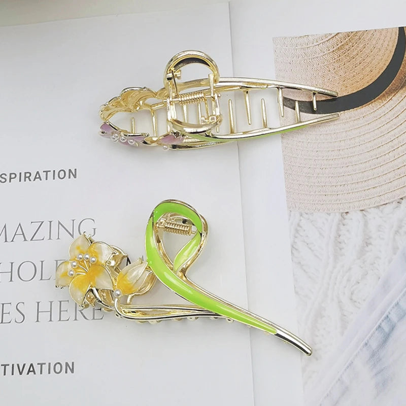 Green Enamel Plant Women's Barrettes Big Elegant Gold Color Wheat Luxury Flower Hair Pins for Girls Hair Accessories 2023