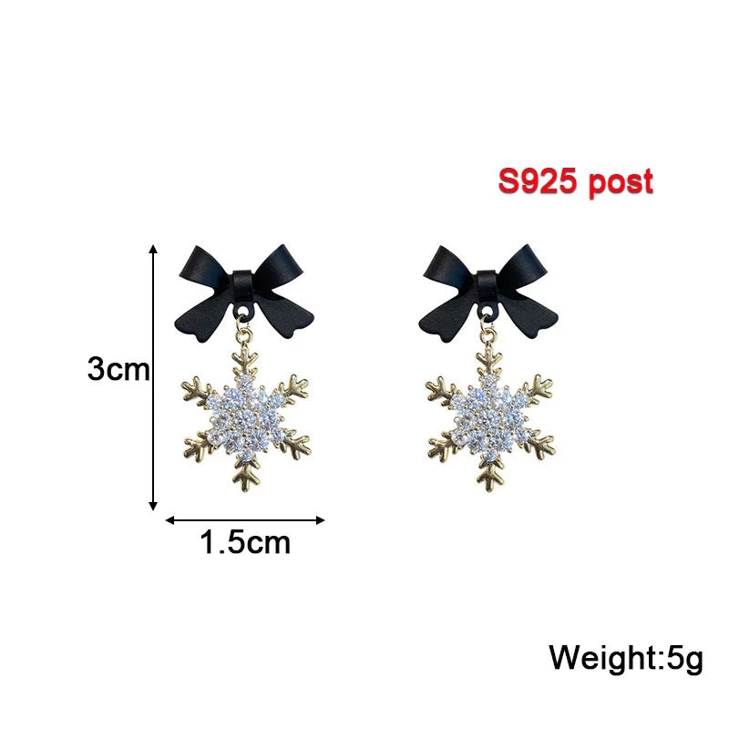 Black Red Snowflake Pendants Earrings for Women Bowknot Top Sweet Korean Fashion Girls Crystal Hanging Earrings Winter Decor