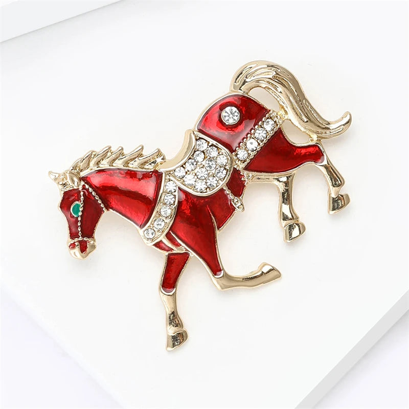 Red White Enamel Women's Brooches Rhinestone Horse Shape Cute Animal Design Metal Pins Clothing Accessories Runing Horse Brooch