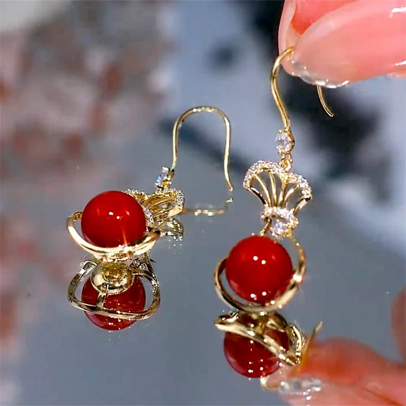 New Trend Lucky Bag Hanging Earrings for Women Red Ball Pendants Female Dangle Earrings Elegant Wedding Jewelry Hook Earrings