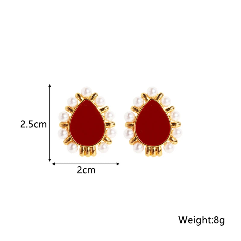 2025 New Trendy Wine Red Water Drop Stud Earrings for Women Imitation Pearl Beads Side Korean Sweet Ear Accessories brincos
