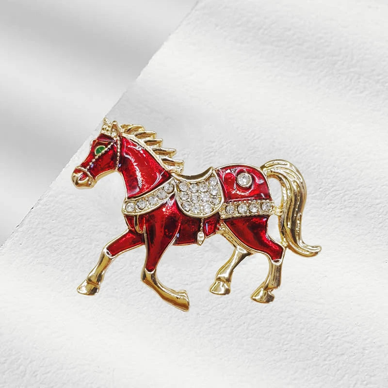 Red White Enamel Women's Brooches Rhinestone Horse Shape Cute Animal Design Metal Pins Clothing Accessories Runing Horse Brooch