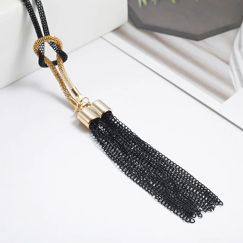 New Black Tassel Pendants Women's Necklace Long Exaggerated Sweater Chain Multi Links Hollow Chain Neck Jewelry for Female