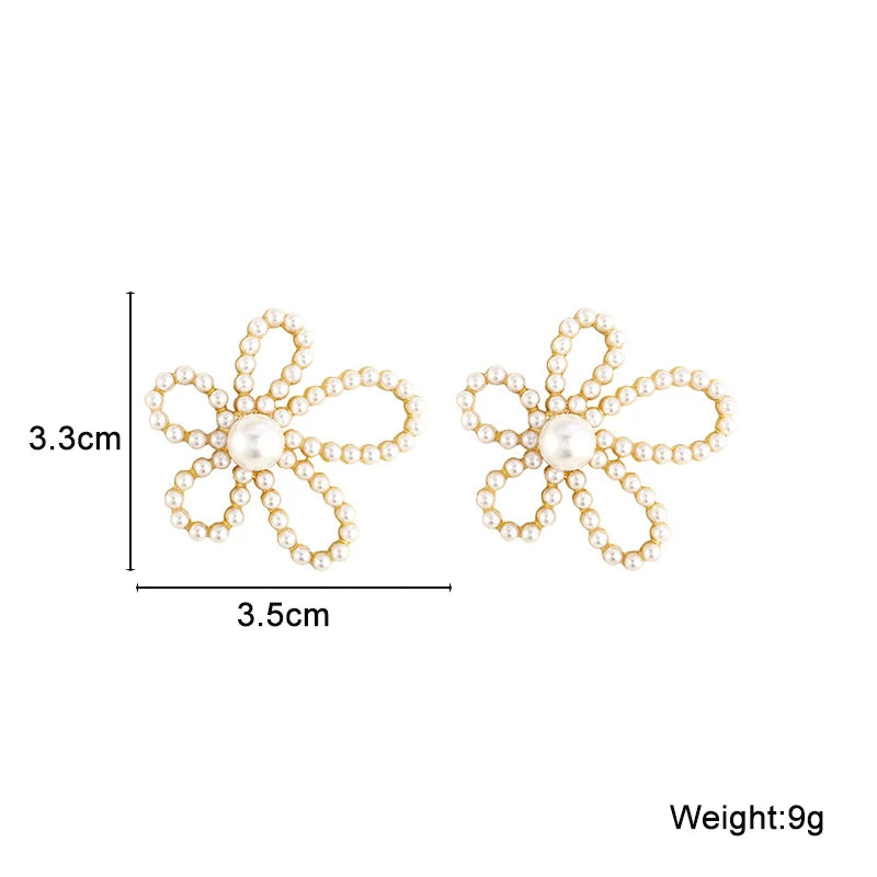 Full Pearl Hollow Flower Dangle Earrings for Women Gold Color Metal Side Imitation Pearl Beads Elegant Geometry Drop Earrings