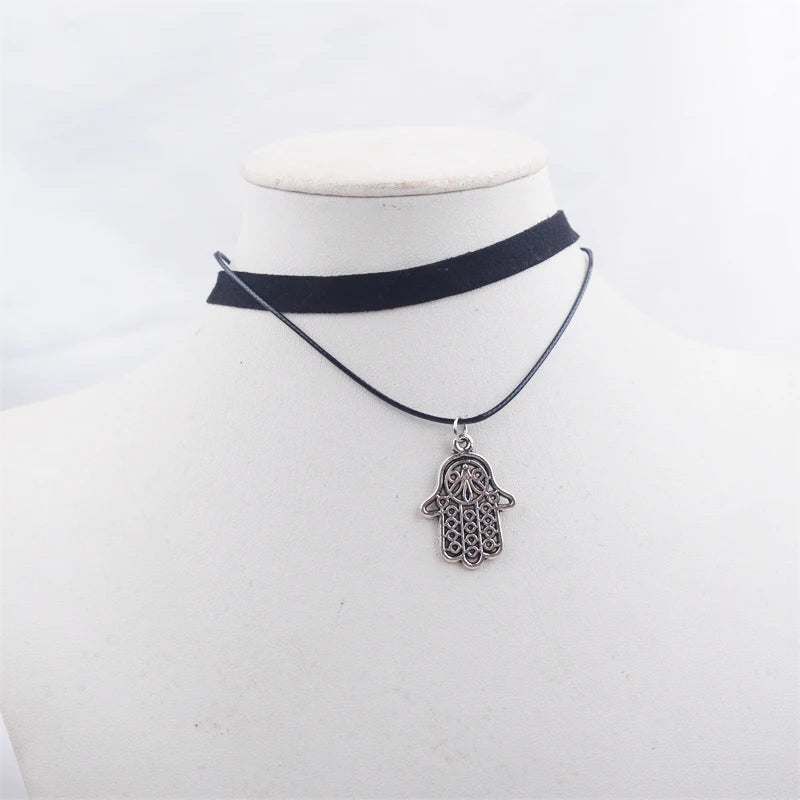 Black Faux Leather Velvet Chokers for Women Short Chain Small Necklaces Punk Skeleton Hand Pendants Collar Christmas Gifts