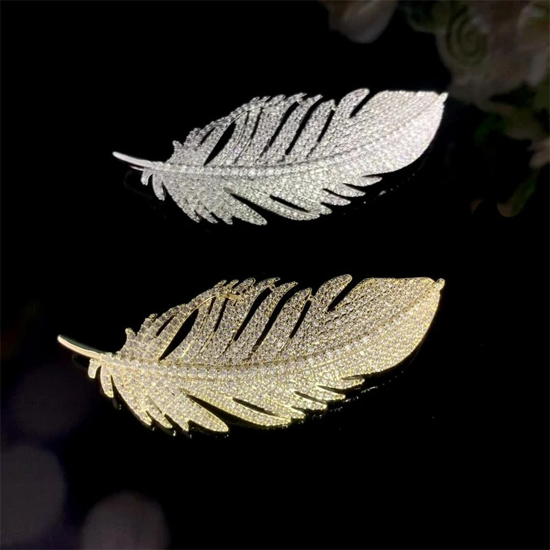 New Fashion Long Feather Brooches for Women Full Rhinestone Luxury Wedding Jewelry Brooch Gold Color Silver Color Metal Brooches