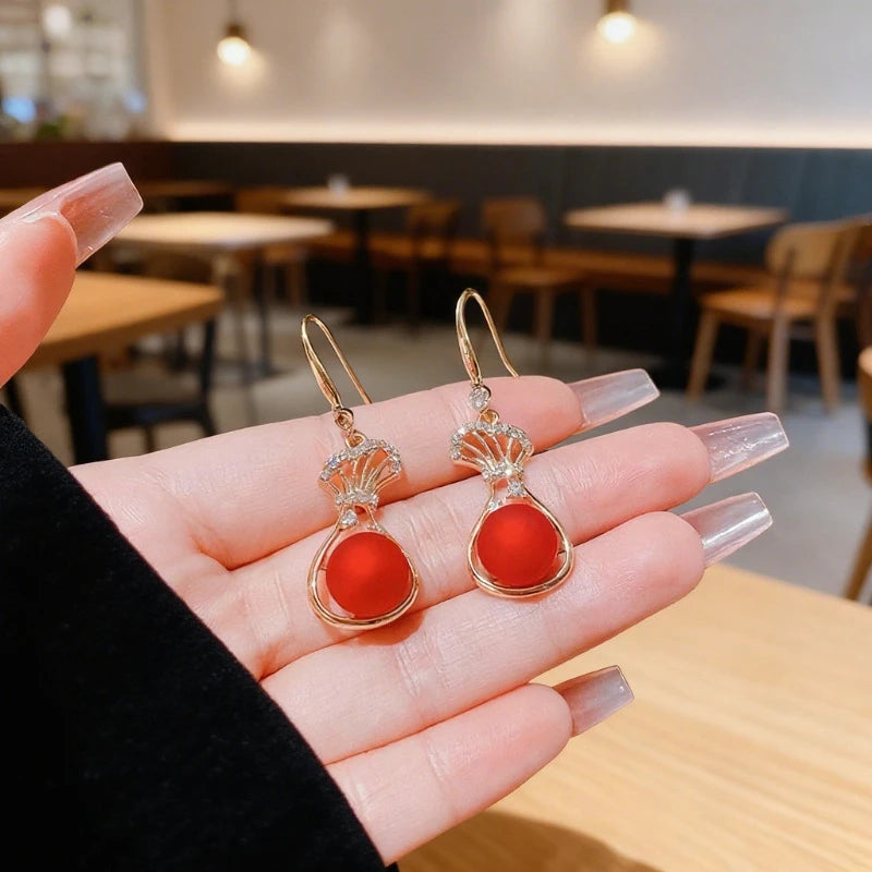 New Trend Lucky Bag Hanging Earrings for Women Red Ball Pendants Female Dangle Earrings Elegant Wedding Jewelry Hook Earrings