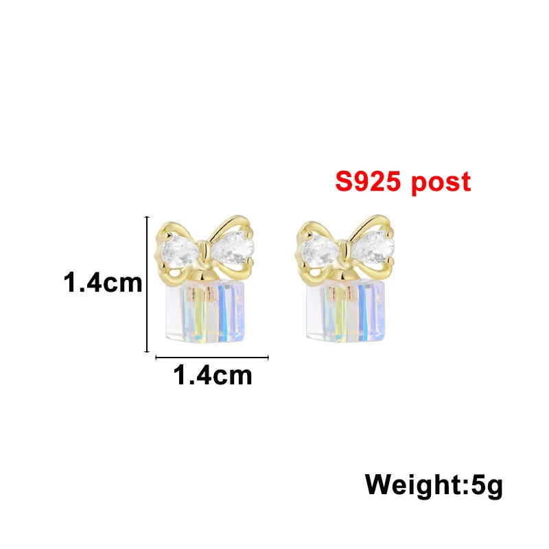 Tiny Bowknot Crystal Women Stud Earrings Transparent Square Rhinestone Mini Ladies Party Ear Decoration 2023 new brincos