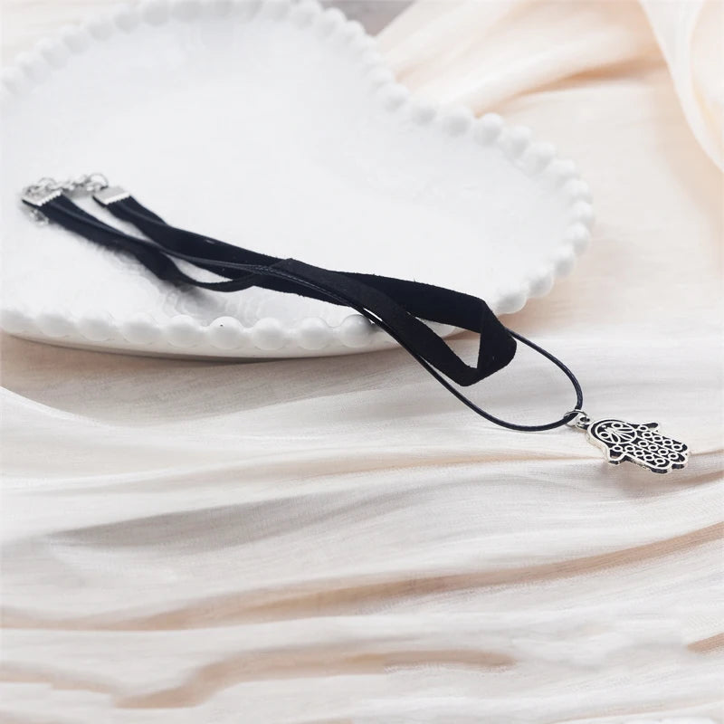 Black Faux Leather Velvet Chokers for Women Short Chain Small Necklaces Punk Skeleton Hand Pendants Collar Christmas Gifts