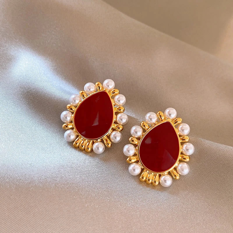 2025 New Trendy Wine Red Water Drop Stud Earrings for Women Imitation Pearl Beads Side Korean Sweet Ear Accessories brincos