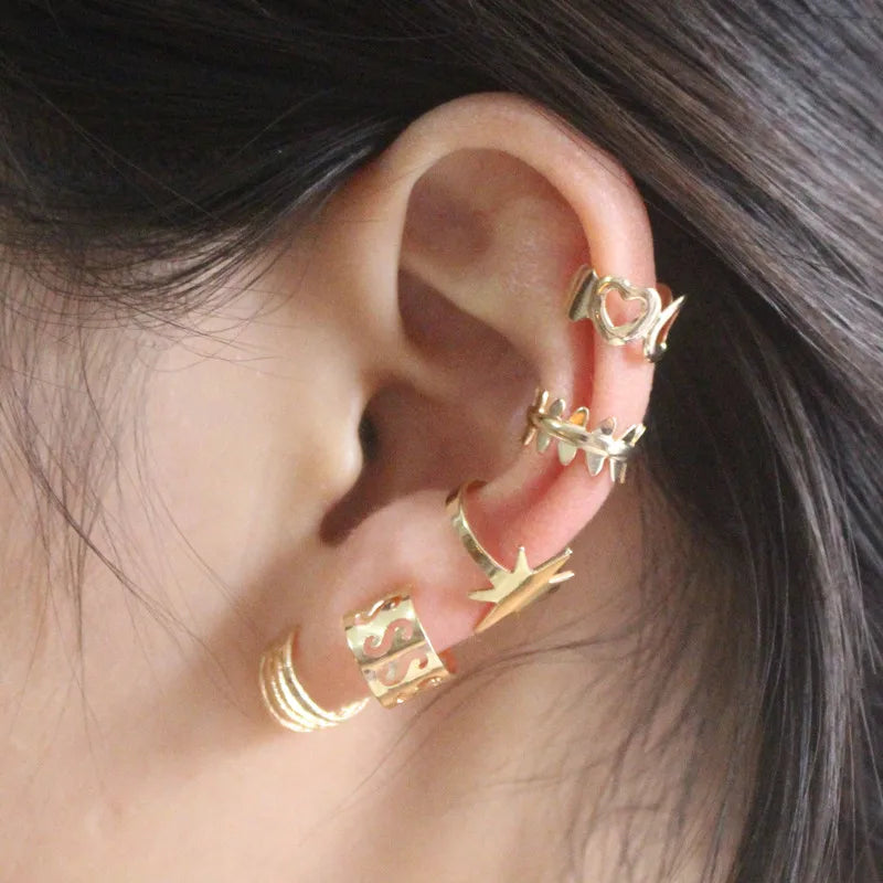 Women Ear Cuff Set Punk Style Personality Clip Earrings Gold Color Non-Piercing Ear Clips Fake Cartilage Earrings