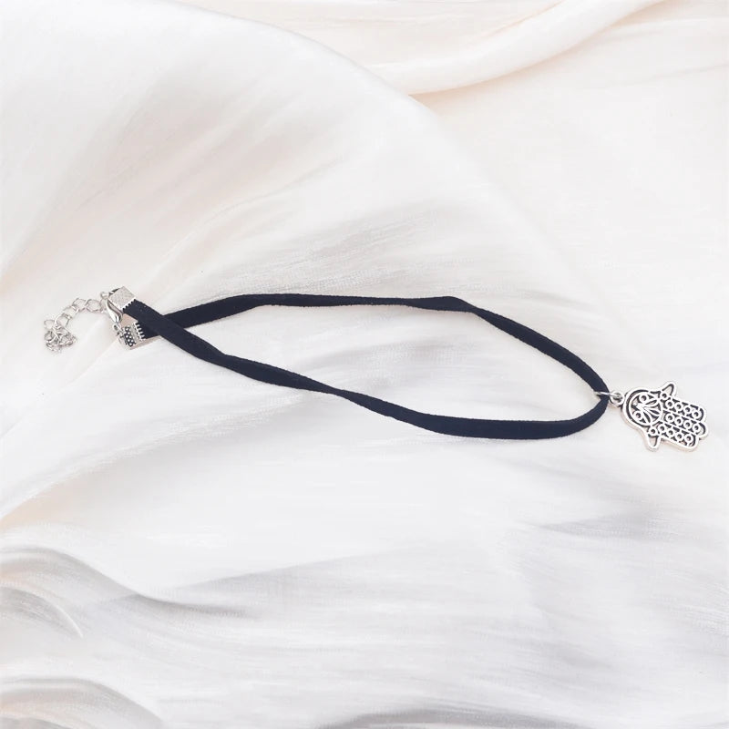 Black Faux Leather Velvet Chokers for Women Short Chain Small Necklaces Punk Skeleton Hand Pendants Collar Christmas Gifts