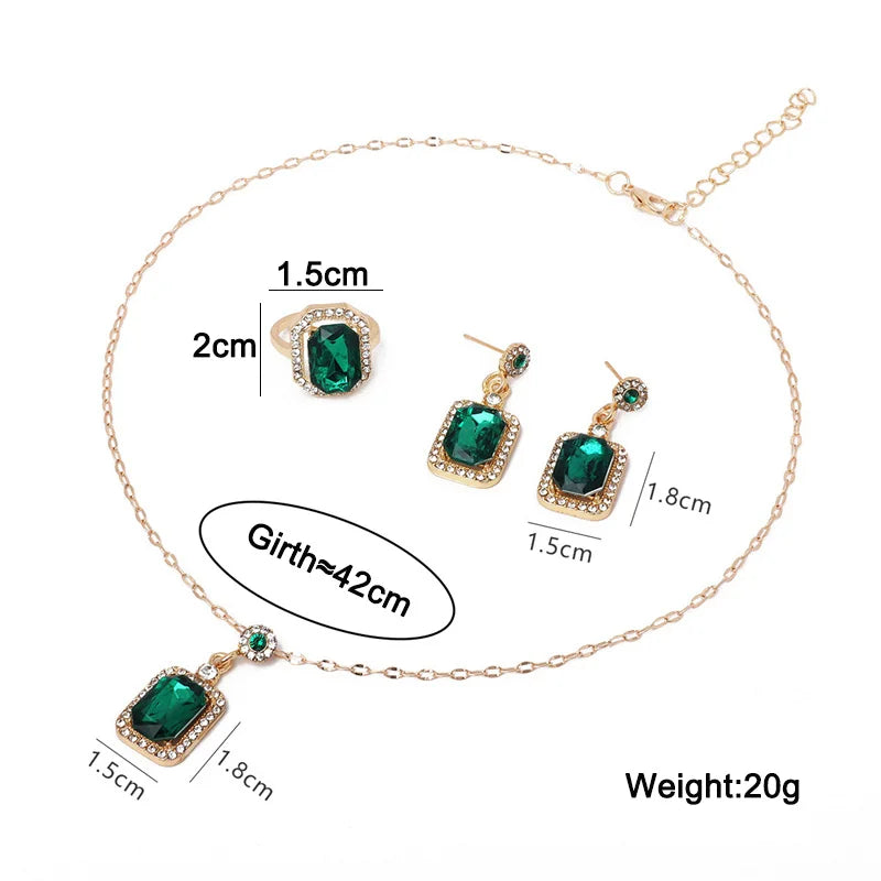 Green Crystal Jewelry Set for Women Square Rhinestone Necklace / Earrings / Rings Fashion Jewelry For Lady New Year Gift 2026