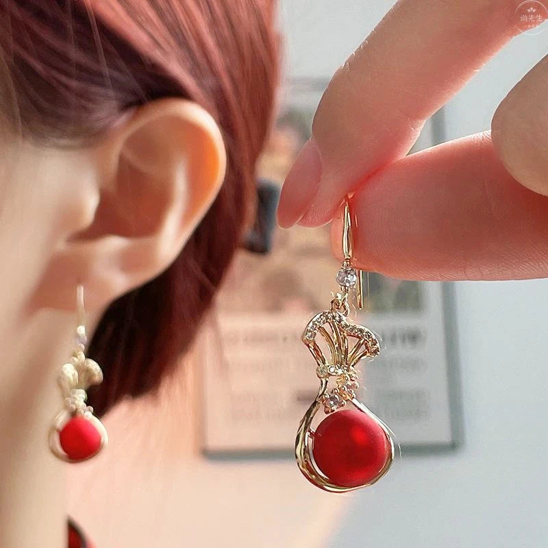 New Trend Lucky Bag Hanging Earrings for Women Red Ball Pendants Female Dangle Earrings Elegant Wedding Jewelry Hook Earrings