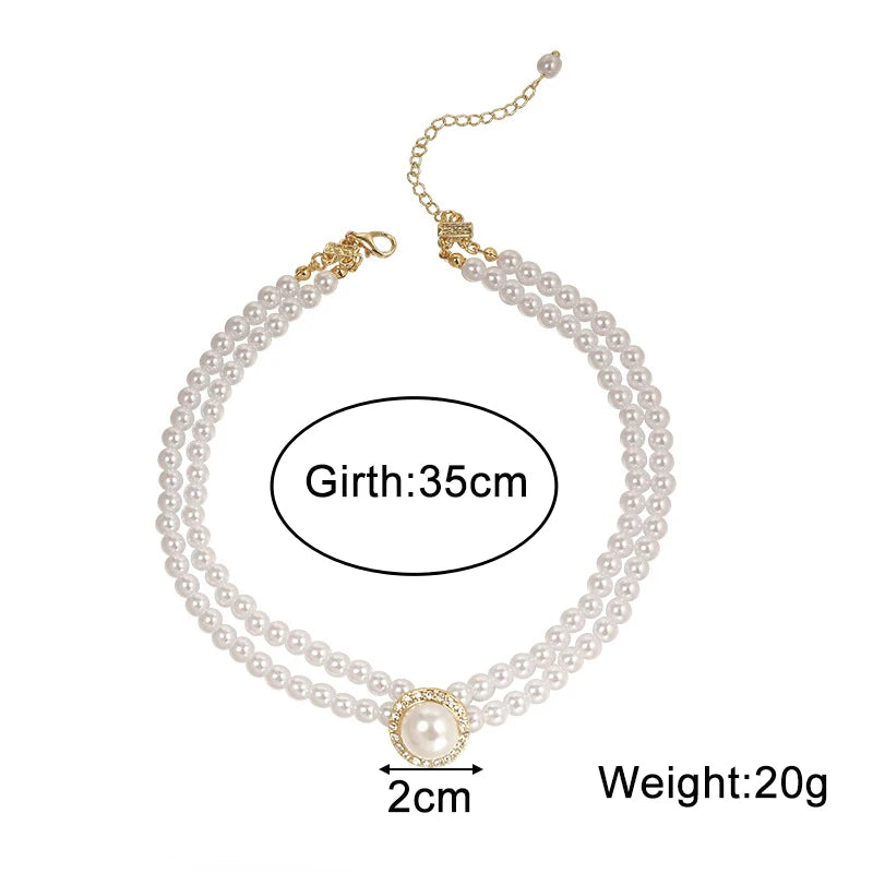 Two-layers Pearl Chokers for Women Luxury Crystal in Middle Double-layers Imitation Pearl Beads Wedding Neck Jewelry collar