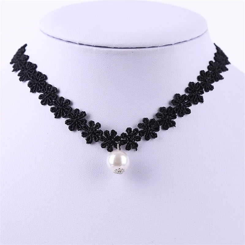 New Gothic Black Lace Women's Choker Pearl Pendants Simple Design Elegant Sexy Short Chain Necklaces for Girls Cool Neck Jewelry