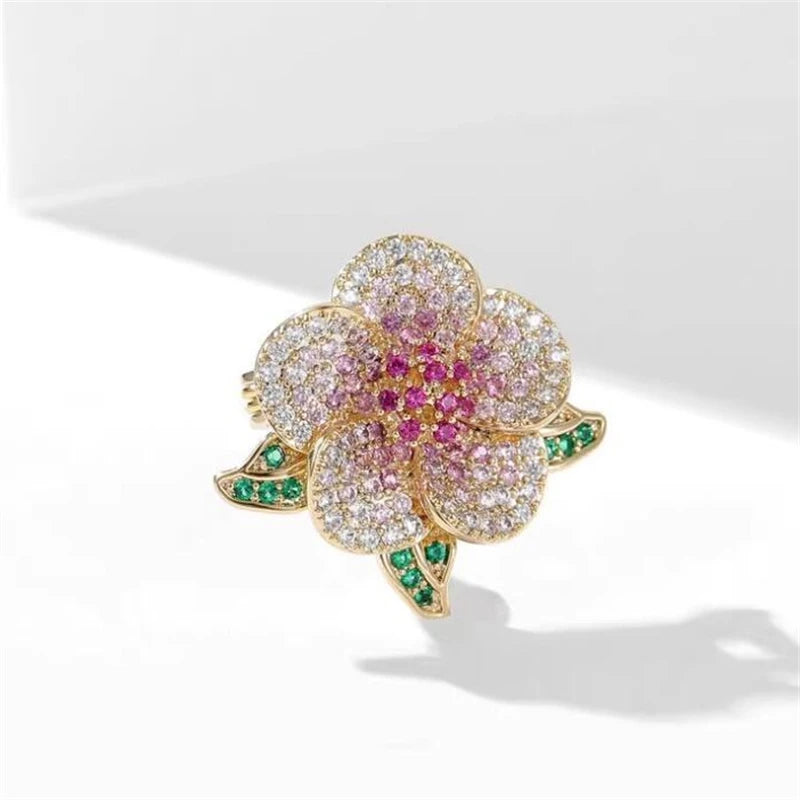Luxury Colorful Crystal Peony Brooches for Women Pink Green Rhinestone Women's Brooch Gold Color Metal Pins Fashion Jewelry