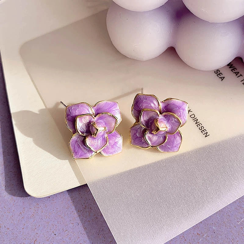 Purple Enamel Flower Stud Earrings for Women Rose Flower Korean Sweet Bohemian Florals Small Earrings 2025 New Year Jewelry