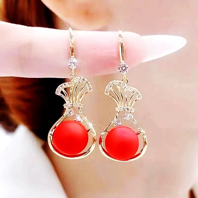 New Trend Lucky Bag Hanging Earrings for Women Red Ball Pendants Female Dangle Earrings Elegant Wedding Jewelry Hook Earrings