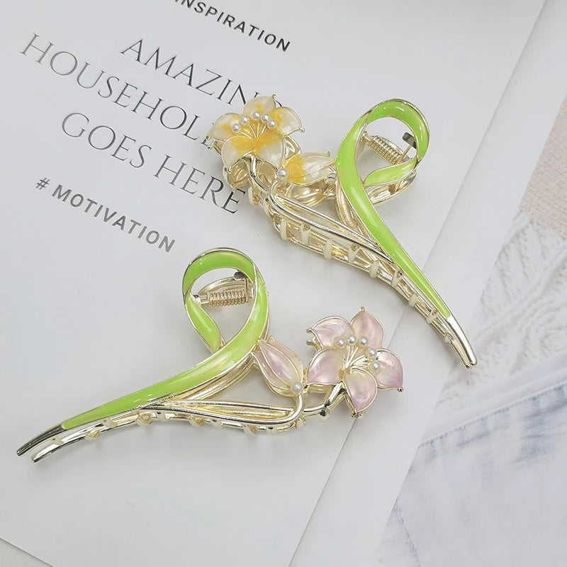 Green Enamel Plant Women's Barrettes Big Elegant Gold Color Wheat Luxury Flower Hair Pins for Girls Hair Accessories 2023