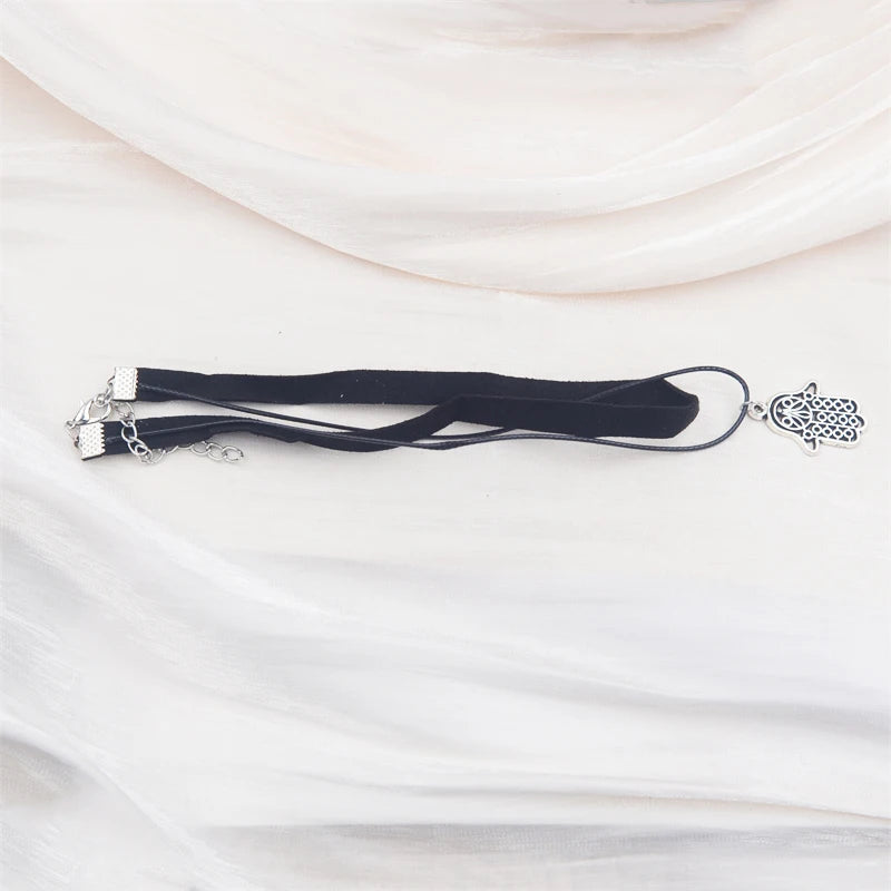 Black Faux Leather Velvet Chokers for Women Short Chain Small Necklaces Punk Skeleton Hand Pendants Collar Christmas Gifts