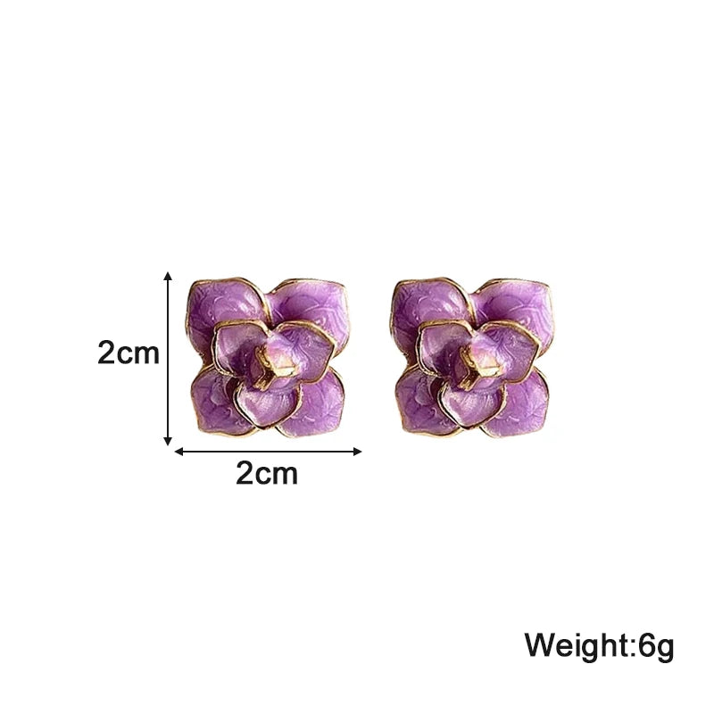 Purple Enamel Flower Stud Earrings for Women Rose Flower Korean Sweet Bohemian Florals Small Earrings 2025 New Year Jewelry