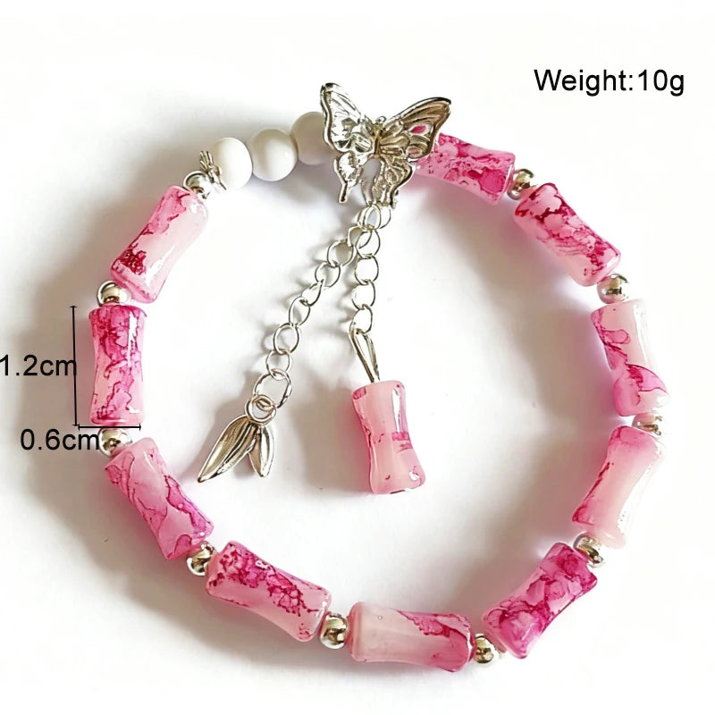 2025 New Pink Marble Beaded Bracelet with Silver Color Butterfly Pendants Adjustable Free Size Women's Bangles pulseras mujer