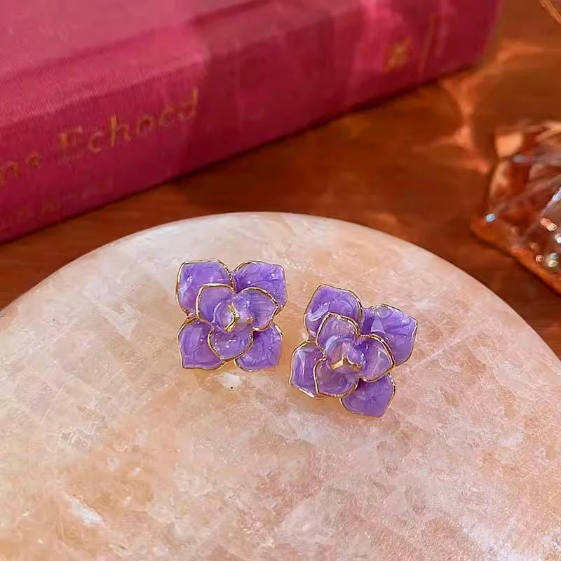 Purple Enamel Flower Stud Earrings for Women Rose Flower Korean Sweet Bohemian Florals Small Earrings 2025 New Year Jewelry