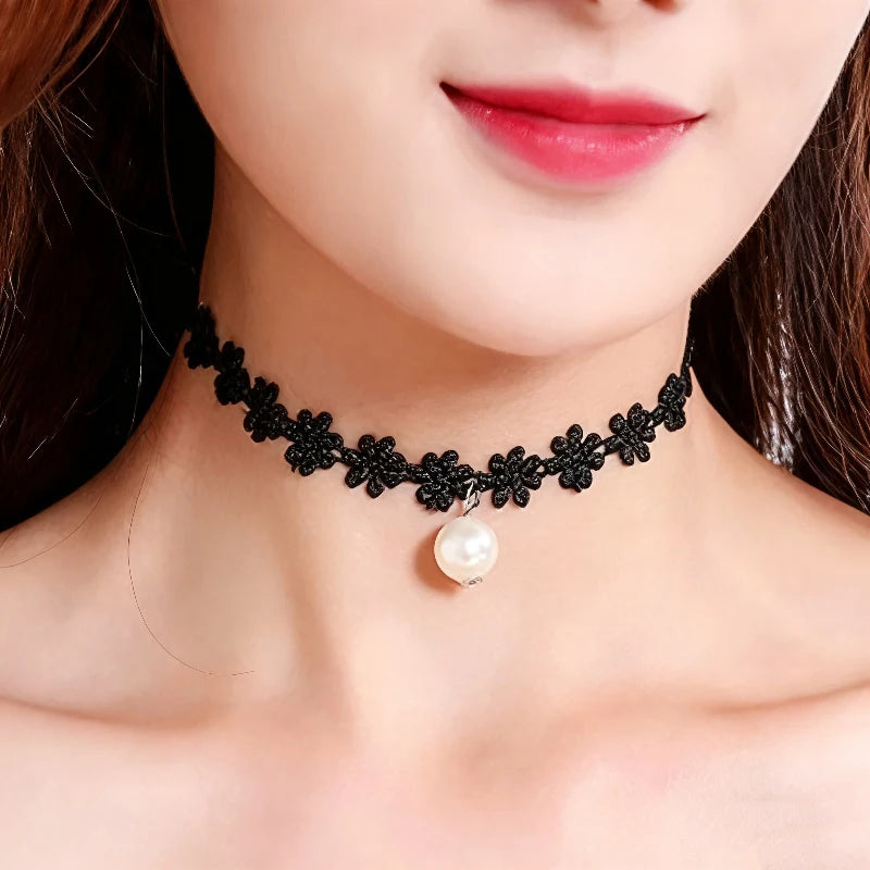 New Gothic Black Lace Women's Choker Pearl Pendants Simple Design Elegant Sexy Short Chain Necklaces for Girls Cool Neck Jewelry