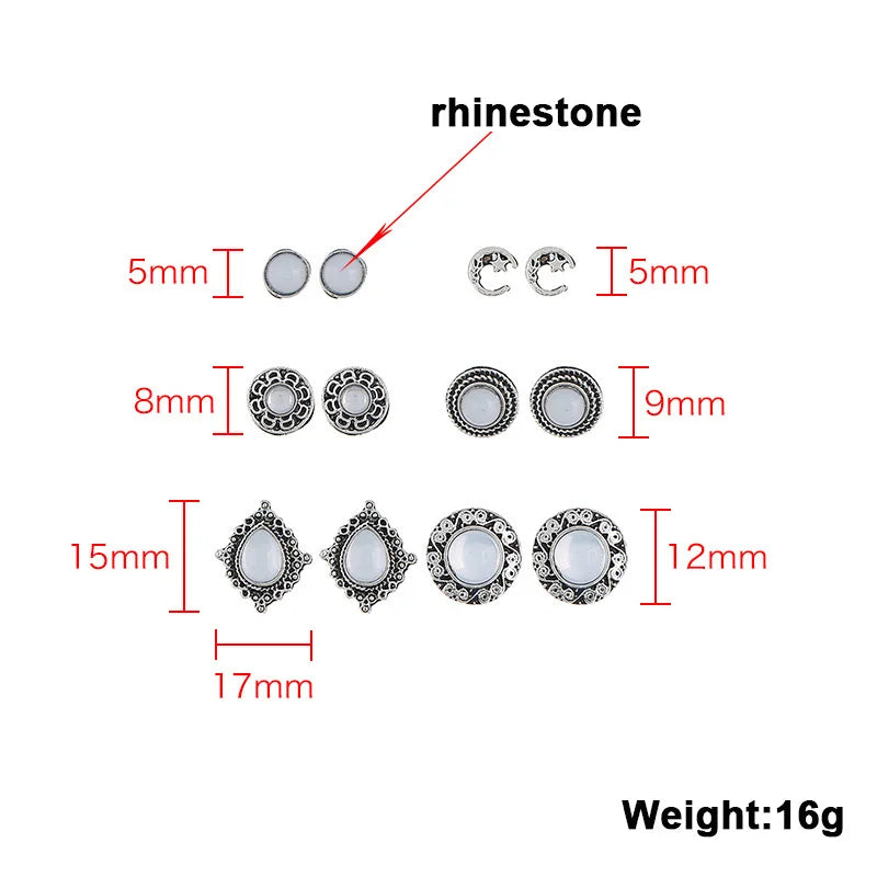 6 pairs/lot Vintage Women's Stud Earrings Set Antique Silver Color Round Rhinestone Retro Party Ear Jewelry aretes de mujer