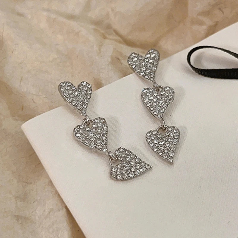 New Trend Three-layers Hearts Hanging Earrings for Women Silver Color Metal Multi-layers Luxury Crystal Dangle Earrings 2026 new