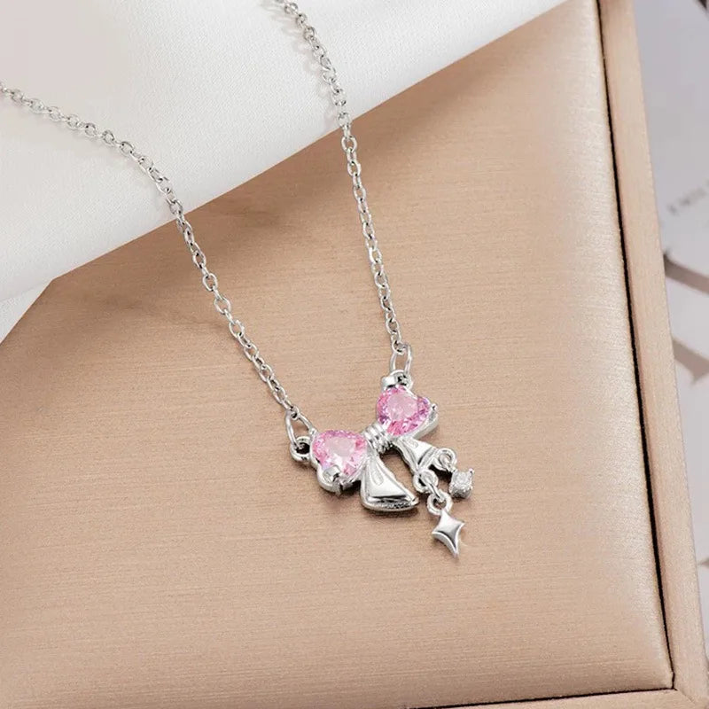 Pink Heart Bowknot Pendants Women's Necklaces New Sweet Bohemian Silver Color Chains Star Drop Fashion Trend Collar 2026 new