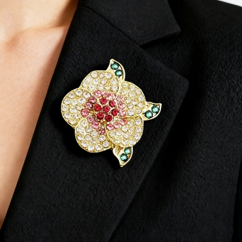 Luxury Colorful Crystal Peony Brooches for Women Pink Green Rhinestone Women's Brooch Gold Color Metal Pins Fashion Jewelry
