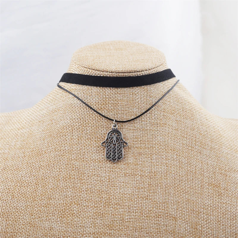 Black Faux Leather Velvet Chokers for Women Short Chain Small Necklaces Punk Skeleton Hand Pendants Collar Christmas Gifts