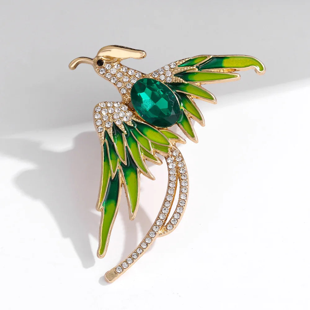 Red Green Crystal Phoenix Brooches for Ladies Flying Bird Design Luxury Rhinestone Wedding Party Fashion Suit Collar Brooch