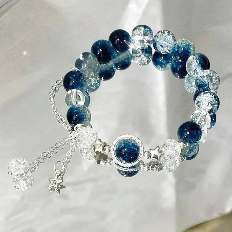 Starry Sky Blue Acrylic Beads Bracelets for Women Silver Color Stars Pendants Elastic Wrist Chain Lovely Hanf Accessories