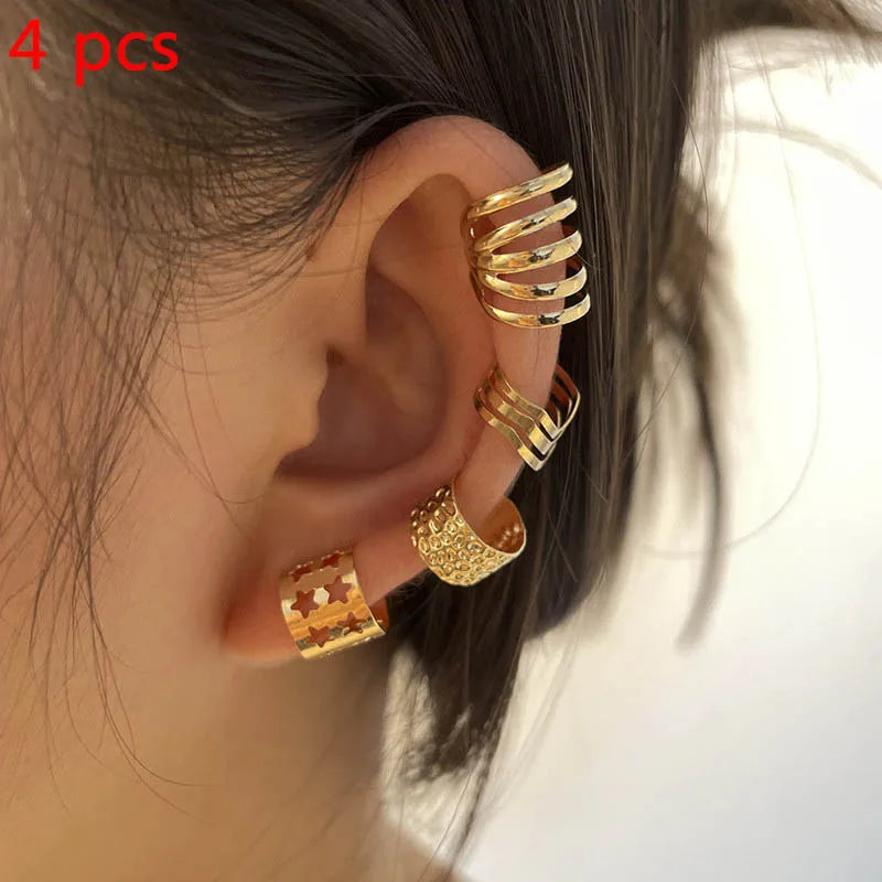 Women Ear Cuff Set Punk Style Personality Clip Earrings Gold Color Non-Piercing Ear Clips Fake Cartilage Earrings