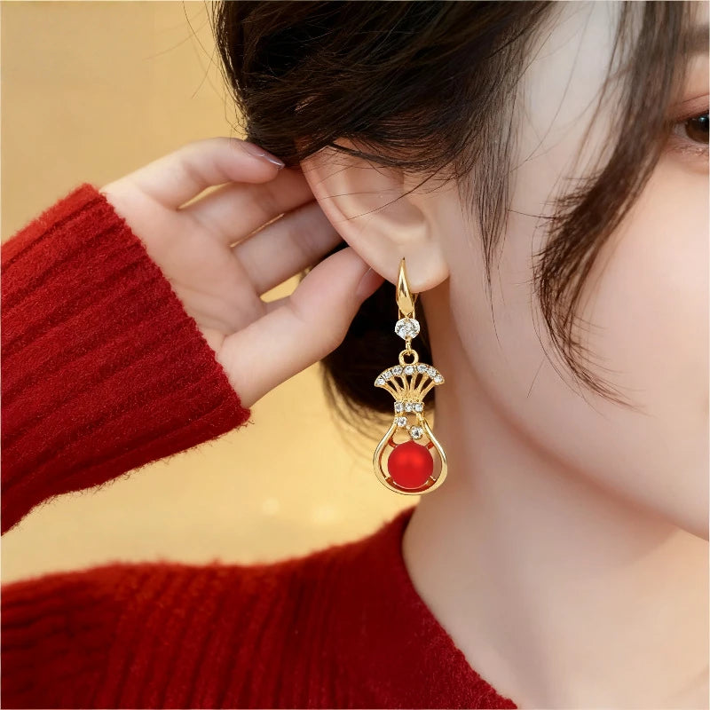 New Trend Lucky Bag Hanging Earrings for Women Red Ball Pendants Female Dangle Earrings Elegant Wedding Jewelry Hook Earrings