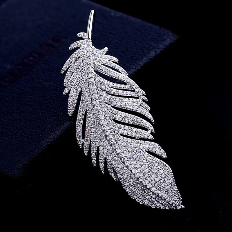 New Fashion Long Feather Brooches for Women Full Rhinestone Luxury Wedding Jewelry Brooch Gold Color Silver Color Metal Brooches