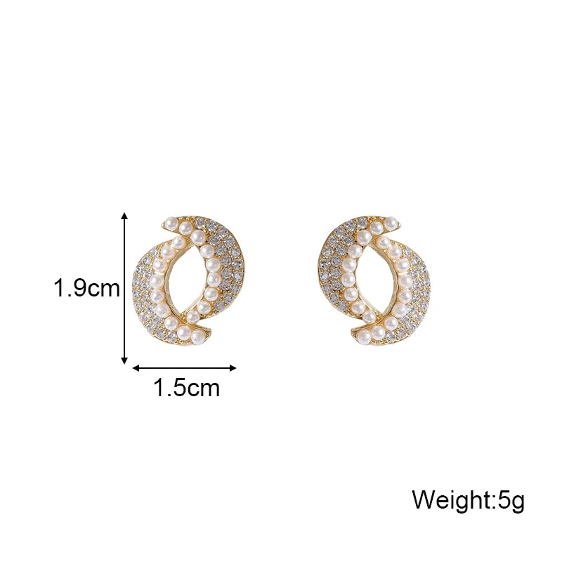 2025 New Arc Stud Earrings for Women Imitation Pearl Crystal Luxury Wedding Ear Jewelry Hollow Cross Shape Small Earrings