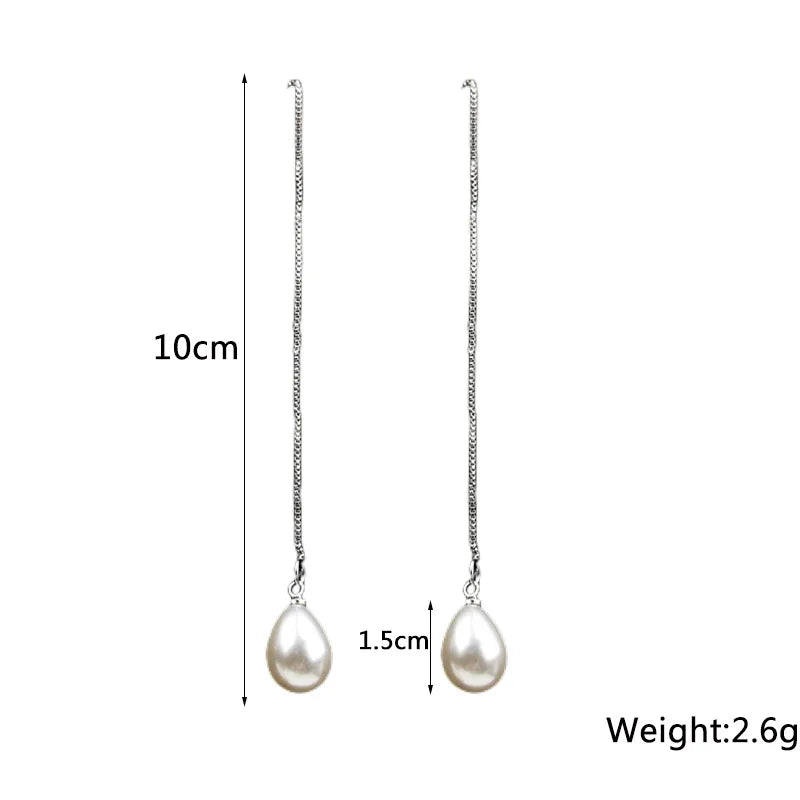 Water Drop Pearl Ear Line for Women Elegant Imitation Pearl Drop Earrings Silver Color Line Long Earrings Wedding Ear Jewelry