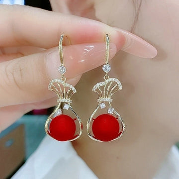 New Trend Lucky Bag Hanging Earrings for Women Red Ball Pendants Female Dangle Earrings Elegant Wedding Jewelry Hook Earrings