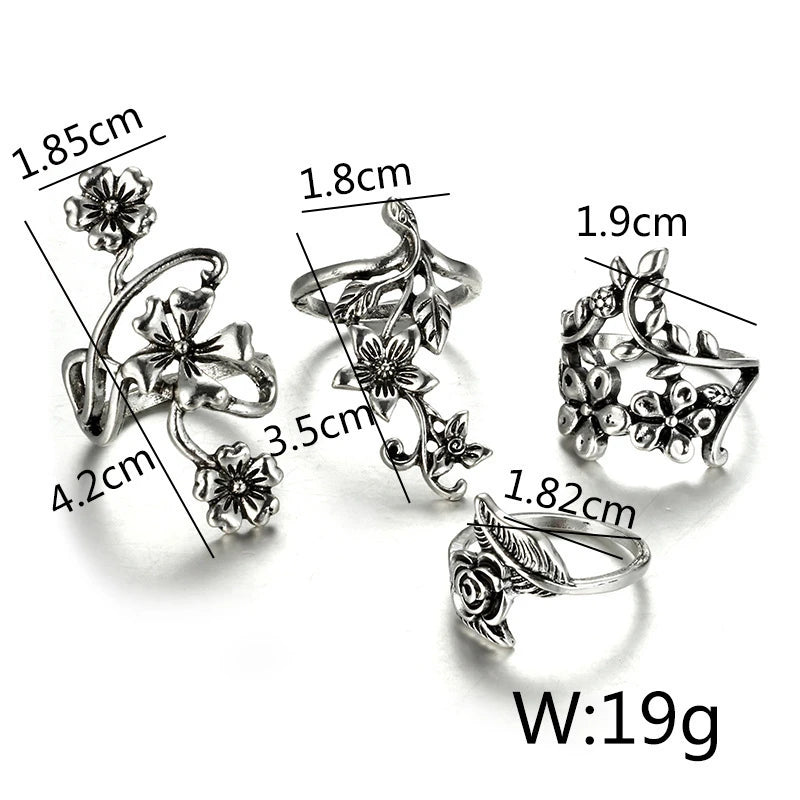 4pcs/lot Antique Silver Color Women's Rings Vines Leaves Flowers Shape Vintage Fingers Accessories Bohemian Rings Set for Female