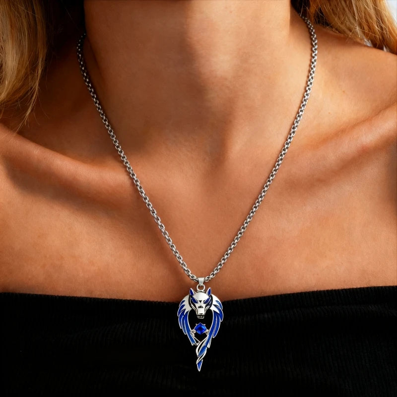 Blue Wolf Pendants Exaggerated Chain Neckalces for Women&Men Unisex Punk Style Personality Animal Drop Unique Design Neck Jewelr