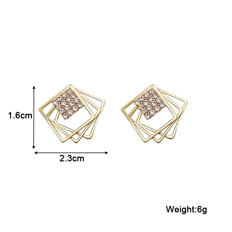 2024 New In Square Stud Earrings for Women Crystal Small Earrings Three-layers Hollow Rhombus Female Ear Jewelry brincos
