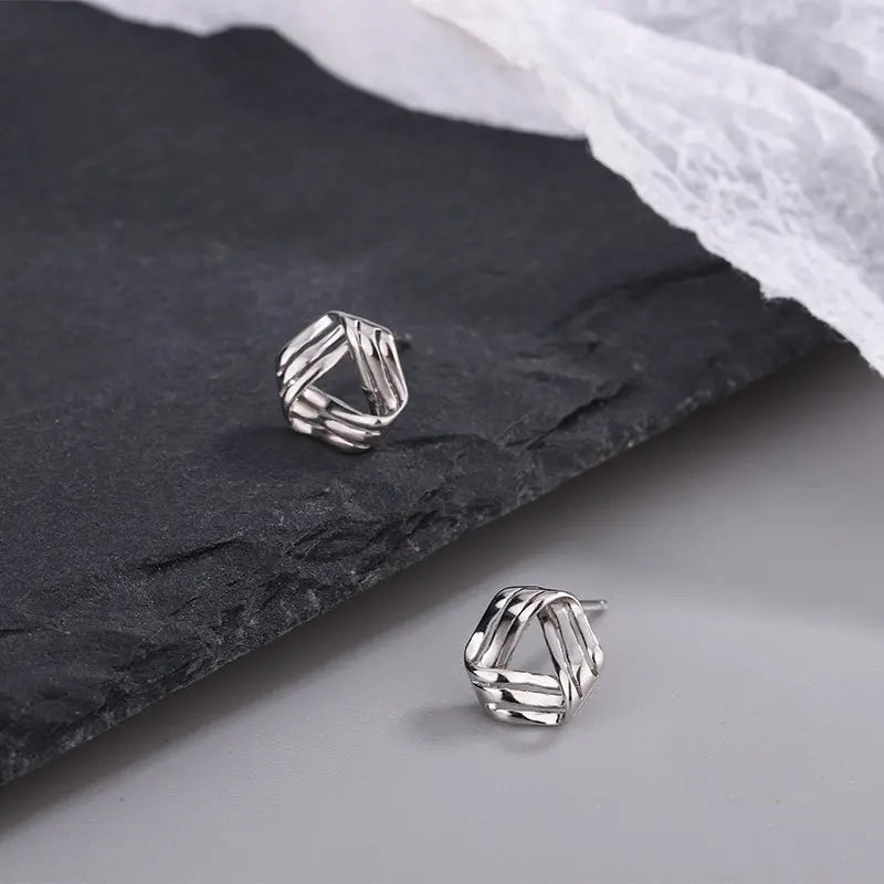 Silver Color Cross Triangle Stud Earrings for Women Hollow Geometric Statement Female Small Earrings Tiny Fashion Ear Jewelry