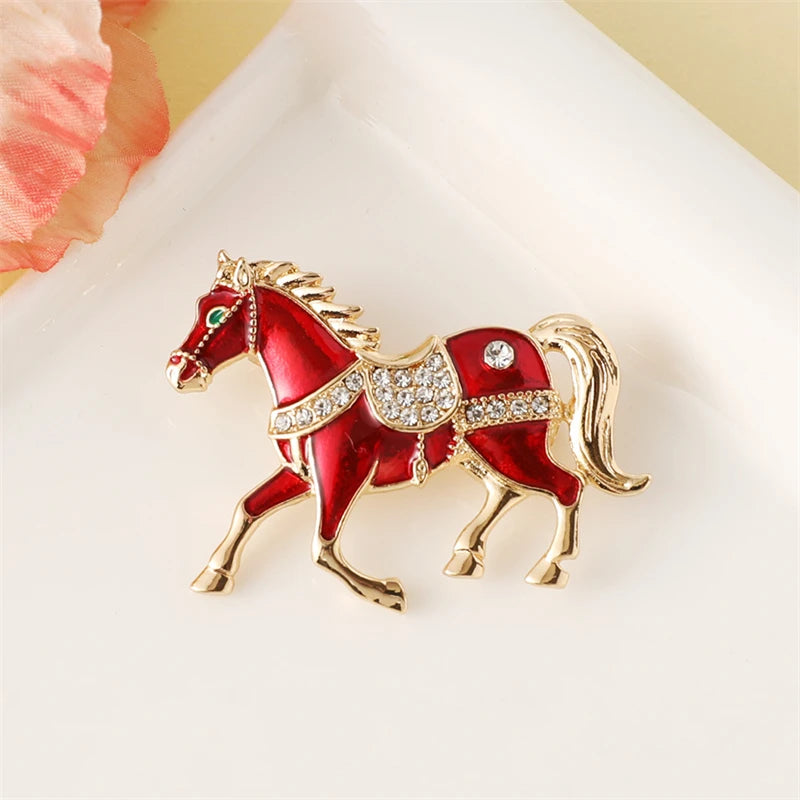 Red White Enamel Women's Brooches Rhinestone Horse Shape Cute Animal Design Metal Pins Clothing Accessories Runing Horse Brooch